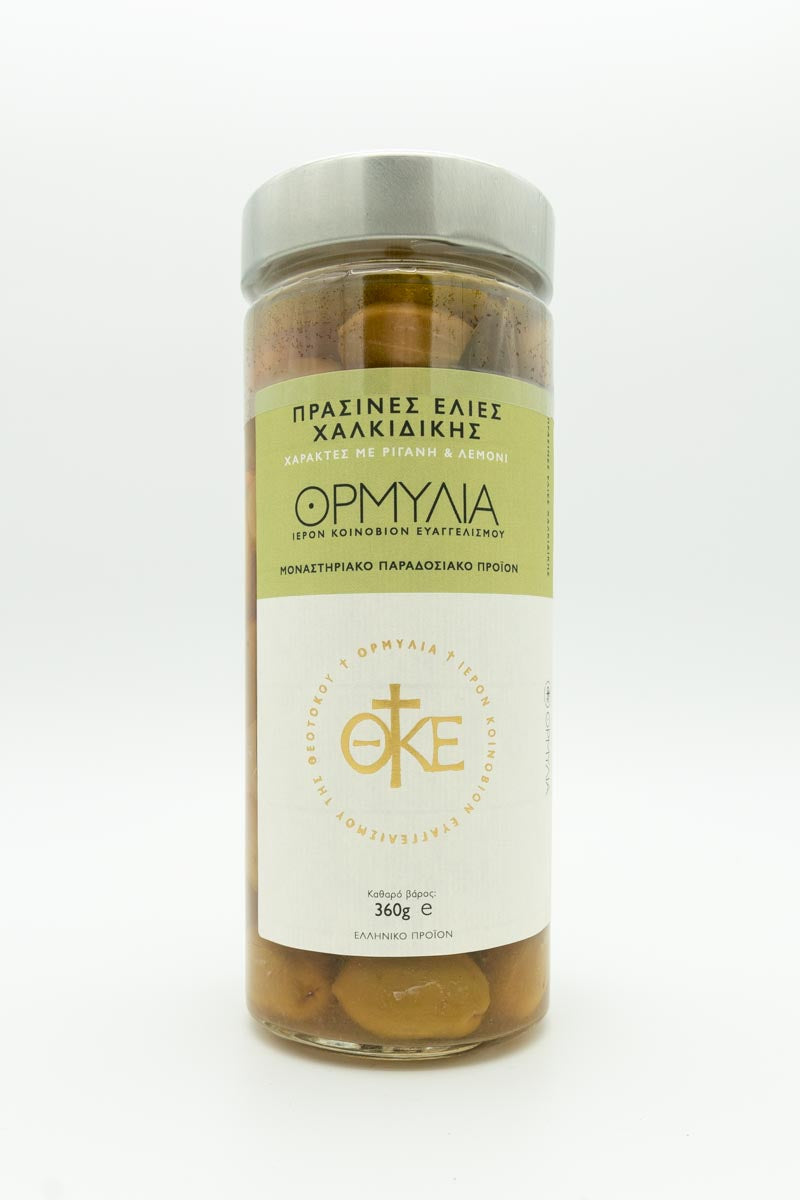 Grüne Halkidiki-Oliven mit Oregano und Zitrone – Kloster Ormylia 360 g